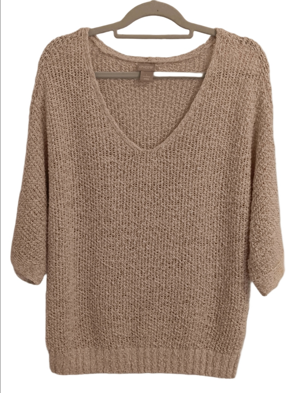 Chico's Neutral Tan & Cream V-Neck Open Knit Sweater Cotton Blend Soft Shoulder